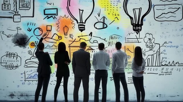 Creative business team standing together in modern office, brainstorming marketing strategies and discussing innovative solutions for new startup project during collaborative meeting session. - Powered by Adobe