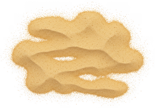 A pile of fine sand grains isolated on a transparent background, showing texture and detail