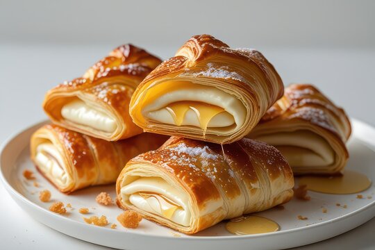 Stacked Quesitos Pastries with Creamy Filling and Syrup on a White Plate Food Photography