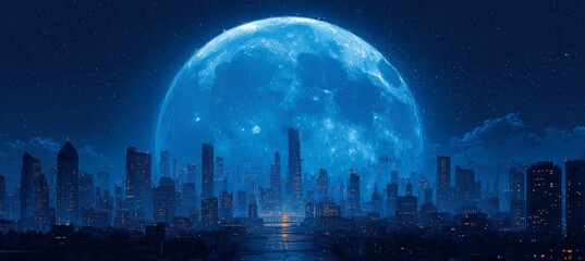 Glowing giant blue full moon behind the cityscape. Generative AI technology.