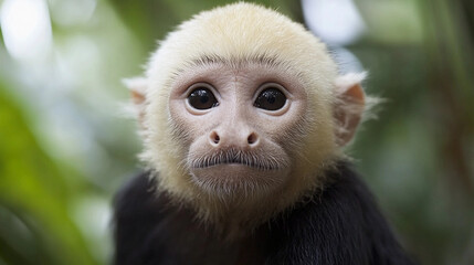 Fototapeta premium Portrait of a white-faced capuchin monkey in natural habitat of Costa Rica with detailed fur and expressive eyes