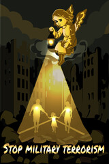 A symbolic anti-war vector illustration. An angel is shown remembering their earthly family and home destroyed by war. A visual call for peace, human dignity, and the end of terrorism and violence.