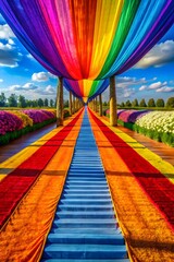 Vibrant Rainbow Pathway Through Flower Fields Under a Colorful Canopy