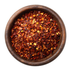Red pepper flakes in wooden bowl spicy seasoning condiment ingredient culinary spice for cooking and food on transparent background silhouette
