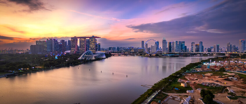 Singapore Marina Bay Skyline Aerial View with Colorful Sunset