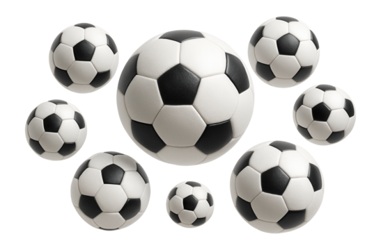 Multiple black and white soccer balls of varying sizes are floating on a transparent background.