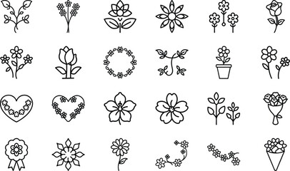 Bundle of 24 Hand-Drawn Flower Icons – Minimalist Floral Vector Set for Design, Tattoo, Logo, and Decorative Use