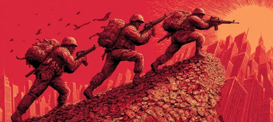 Military soldier climbing money hill. Finance support the war. Generative AI technology.	
