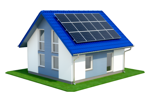 Blue Roof House with Solar Panels, 3D Realism Design Element on Transparent Background
