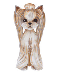 Watercolor illustration of a Yorkshire Terrier with silky fur, hand-painted on a white background. Suitable for stickers, greeting cards, scrapbooking, and design projects