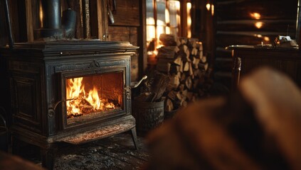 Rustic wood-burning stove in a log cabin