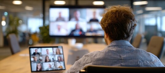 A senior employee on online meeting at office. Generative AI technology.	
