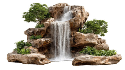 Majestic Water Cascade: Experience the tranquil beauty of a natural waterfall cascading over weathered rock, with lush greenery adding depth and freshness.