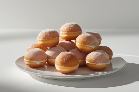 Stacked Timbits on a White Plate with Powdered Sugar and White Icing Bakery Food Dessert