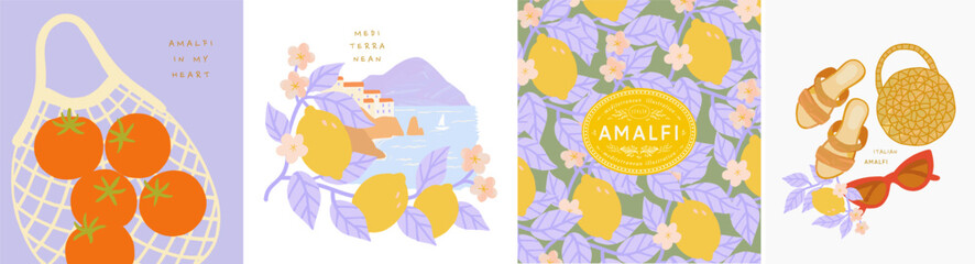 Plakat Amalfi. Vector summer mediterranean illustrations of italian coast, lemons, pattern, tomato in wicker string bag, sandals with bag and sunglasses for postcard, poster or background
