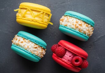 Overhead shot of colorful macarons with different fillings on a dark background
