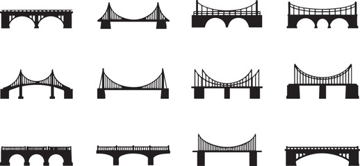 Twelve Black Silhouette Bridge Icons Featuring Suspension and Arch Designs on White architecture structure