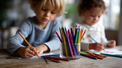 Toddlers Drawing Surrounded by Toys in Gentle Light