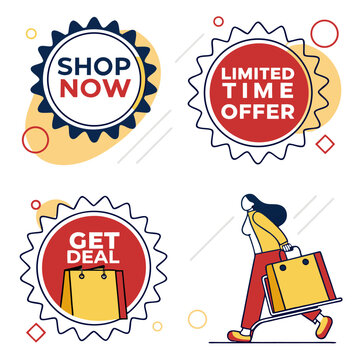 Illustration of shop now limited time offer and get deal badges with a woman carrying a shopping bag on white