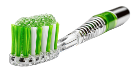 Sparkling Clean: A close-up image of a translucent toothbrush with a vibrant green-and-white bristle head, brimming with fresh, green toothpaste, conveying cleanliness and dental health.