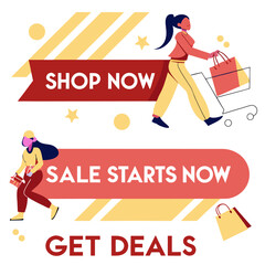 Obraz premium Illustration of women shopping with sale banners reading shop now sale starts now and get deals