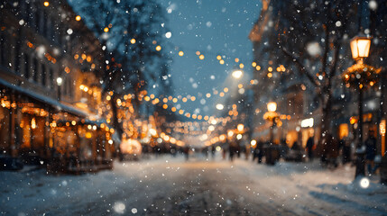 Enchanting winter wonderland scene capturing snowy street ambiance with blurred silhouettes illuminated buildings and warm bokeh lights evoking the holiday spirit and a festive