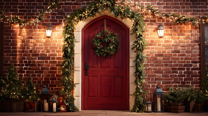 Festive holiday home exterior featuring a red front door adorned with a christmas wreath and garland lights on a brick facade creating a cozy and inviting seasonal atmosphere