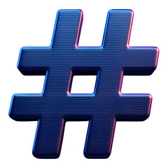 Obraz premium Glossy Neon Blue Hashtag Icon with Transparent Background, 3D Realism Graphic for Digital Media
