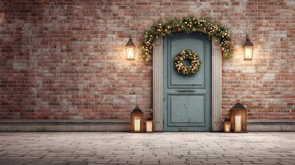 Festive doorway adorned with Christmas wreath garland and warm lantern light on weathered brick wall inviting holiday cheer classic winter celebration decorative elements for