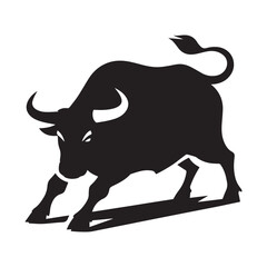 A bold vector illustration of a powerful bull in mid-charge against a stark white background. 