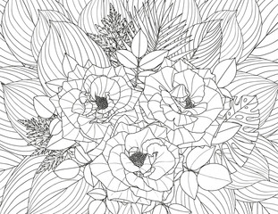 Abstract floral background. Coloring page for adults and children. Branches with leaves and flowers on a white background.