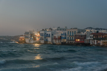 Obraz premium Sunset Over Little Venice Waterfront in Mykonos, Greece