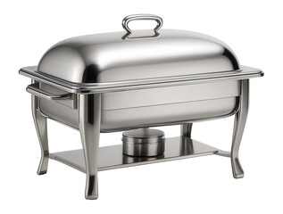 Elegant stainless steel chafing dish with a sleek dome lid and sturdy legs designed for buffet or catering services on transparent background.