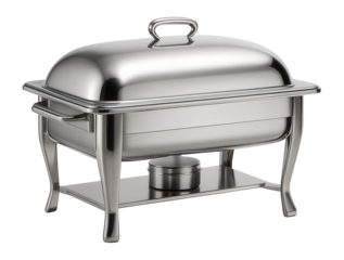 Elegant stainless steel chafing dish with a sleek dome lid and sturdy legs designed for buffet or catering services on transparent background.