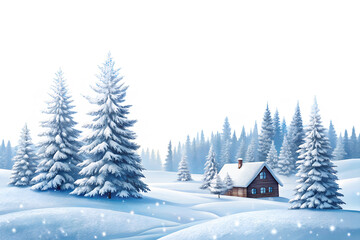 Winter landscape with snow covered trees and a cozy cabin, creating a serene and idyllic scene with a dreamy watercolor effect isolated on transparent background