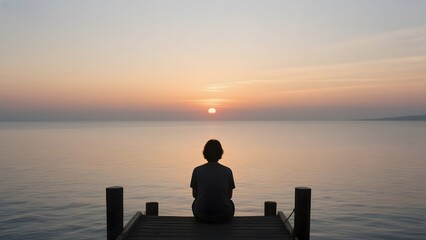 Person sitting on a dock at sunset, facing the calm water