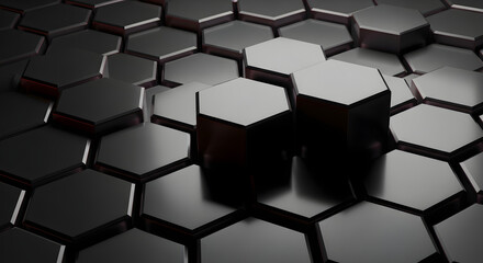Dark hexagonal grid pattern with raised geometric shapes