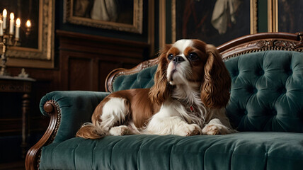 A Cavalier King Charles Spaniel resting on a velvet couch 