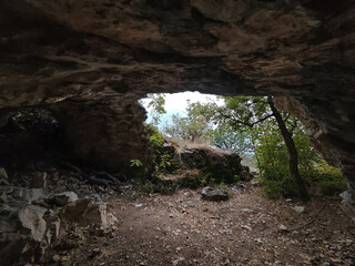 Obraz premium Another opening from inside the cave, revealing dry vegetation and forest outside.