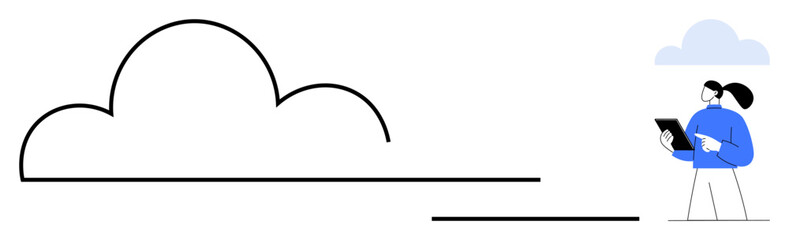 Woman holding tablet stands under abstract cloud element representing digital storage or connectivity. Ideal for cloud computing, technology, analysis, innovation, minimal design, productivity