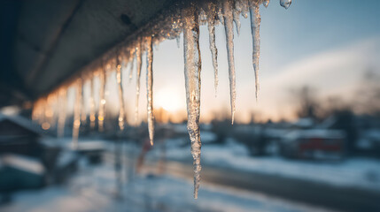 Frozen artistry glistening icicles hang from eaves against the backdrop of a tranquil winter sunrise showcasing the beauty of cold weather and sparkling ice formations in a snow