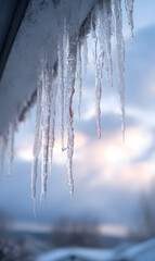 Sparkling icicles hanging from roof under cold winter skies creates a chilly winter landscape scene with melting ice formations representing a freezing weather and snowy season