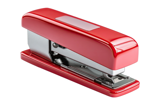 A glossy red stapler, angled, shows its metallic mechanisms