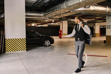 A handsome man in a tailored suit confidently walks to his black car in an underground garage.