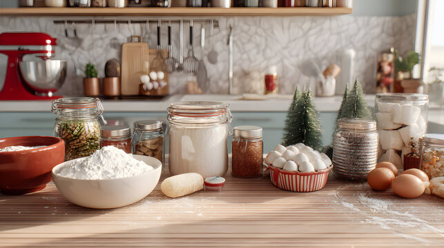 Festive baking preparation ingredients on kitchen counter for holiday cookies and treats flour sugar eggs marshmallows and christmas trees in jars with blurred background evokes