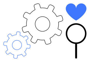 Two interlinked gears, a magnifying glass, and a heart suggest connection, innovation, and emphasis on values. Ideal for teamwork, innovation, efficiency, search technology passion simple landing
