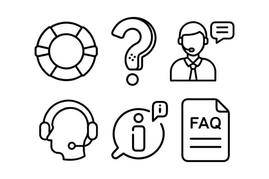 Lifebuoy, Question Mark, Customer Service Agent, Headset, Information Bubble, and FAQ Document Line Icons