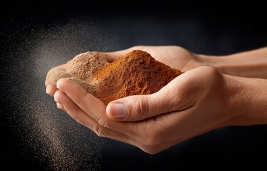 A close-up of two hands holding powder, against a black background, with studio lighting, a product photography style, a super realistic photo, and high resolution.