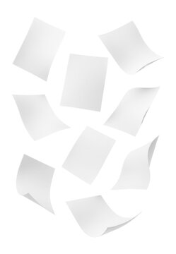 Multiple blank sheets of paper floating and curling in the air on transparent background.