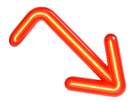 Bright red neon arrow pointing diagonally downward, symbolizing decline or downward movement, isolated on a white background for concepts of decrease or direction.